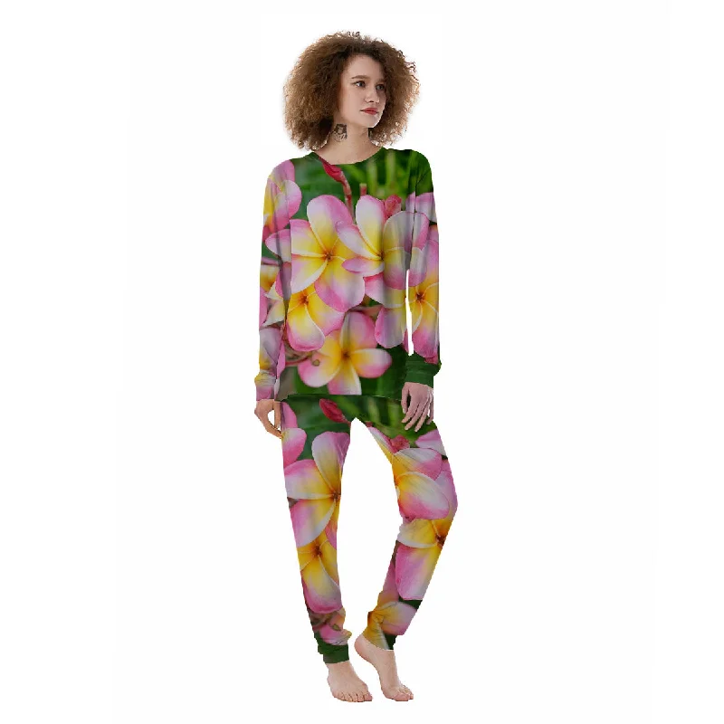 Plumeria Flower Yellow And Pink Print Women's Pajamas Plus size pajama sets