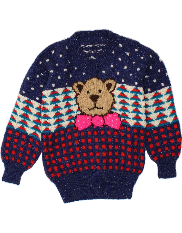 VINTAGE Womens Graphic V-Neck Jumper Sweater UK 10 Small Blue Geometric Christmas sweaters