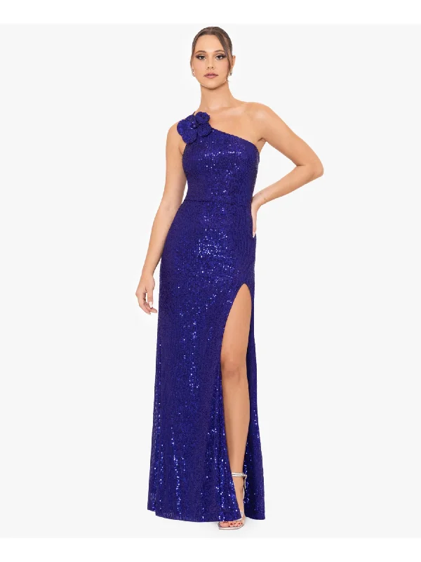 BLONDIE NITES Womens Purple Zippered Slitted Rosette Shoulder Lined Sleeveless Asymmetrical Neckline Full-Length Formal Gown Dress Tiered unclassified dresses