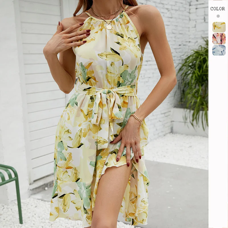 Elegant and Sexy Round Neck Printed Crossed Dress Vintage unclassified dresses