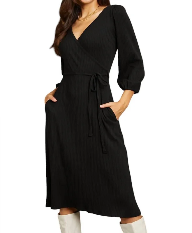 Full Size Surplice Flare Ruching Dress In Black Sleeveless unclassified dresses