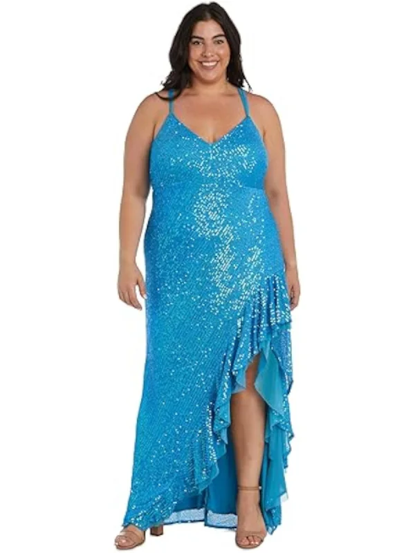 MORGAN & CO Womens Turquoise Zippered Ruffled High-slit Crisscross Open Back Spaghetti Strap V Neck Full-Length Formal Gown Dress Breathable unclassified dresses
