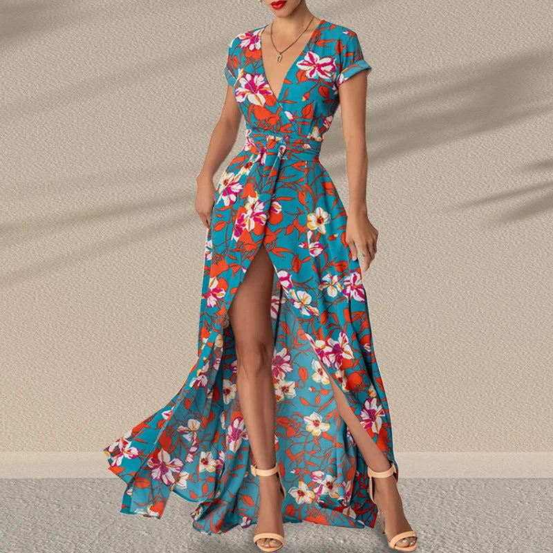 New Fashionable Sexy Girl's Printed Belted Slit Dress Holiday unclassified dresses