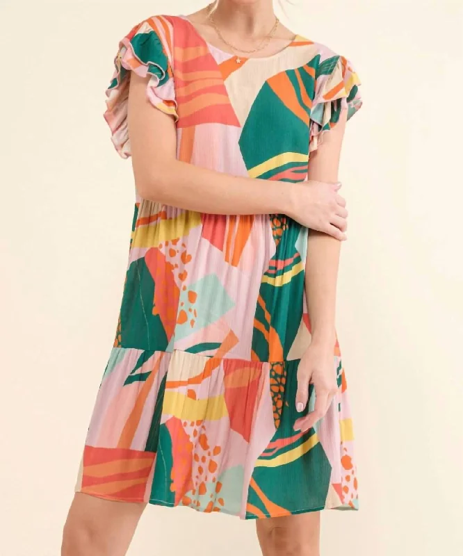 Printed Double Ruffle Sleeve Dress In Greenery Backless unclassified dresses