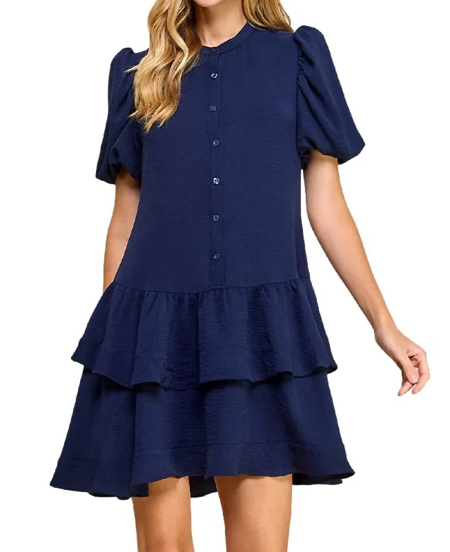 Puff & Play Tiered Dress In Navy Satin unclassified dresses